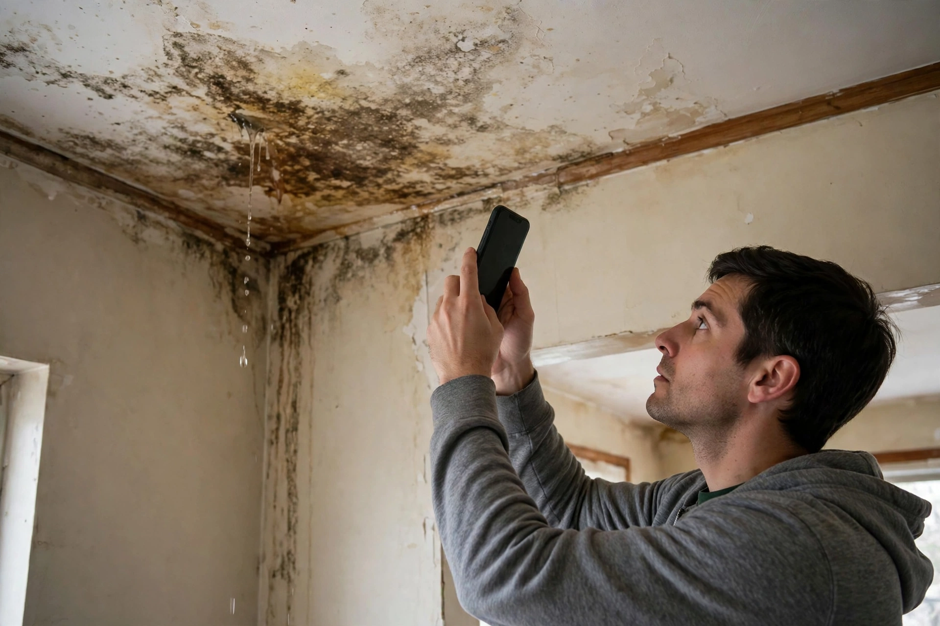 Homeowner photographing a wet stained ceiling corner with a smartphone to document water damage for insurance