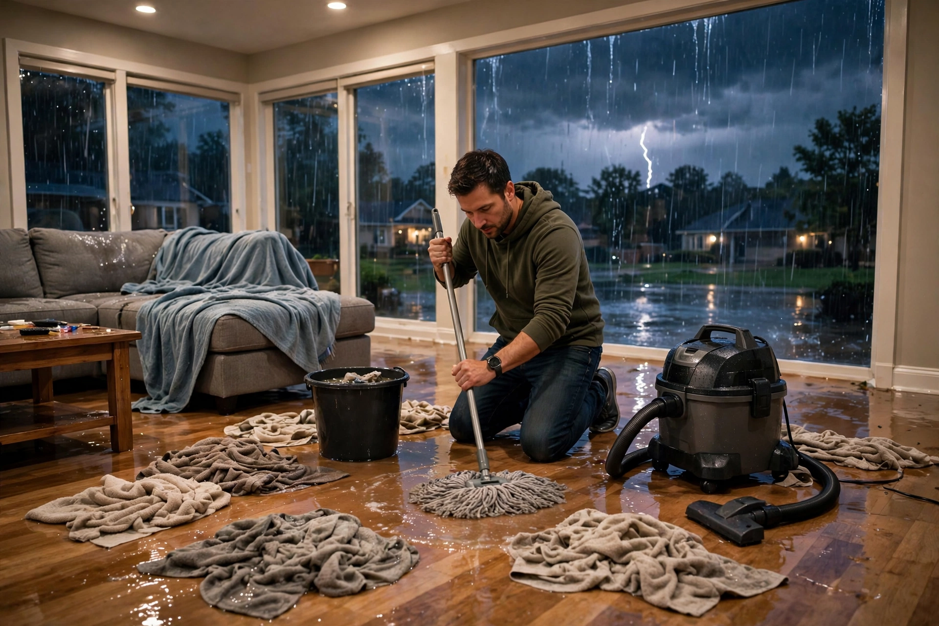 Homeowner mopping up water on a wooden floor with towels during storm cleanup in a North Carolina home