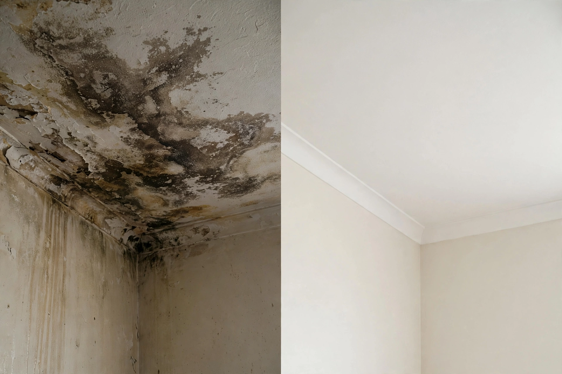 Damaged water-stained ceiling compared with a freshly restored ceiling