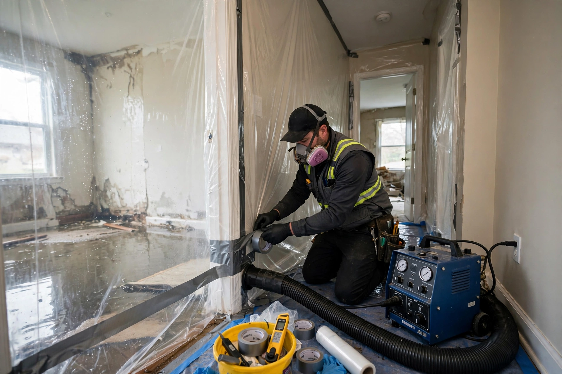 Restoration crew installing plastic containment barriers during water mitigation in a home