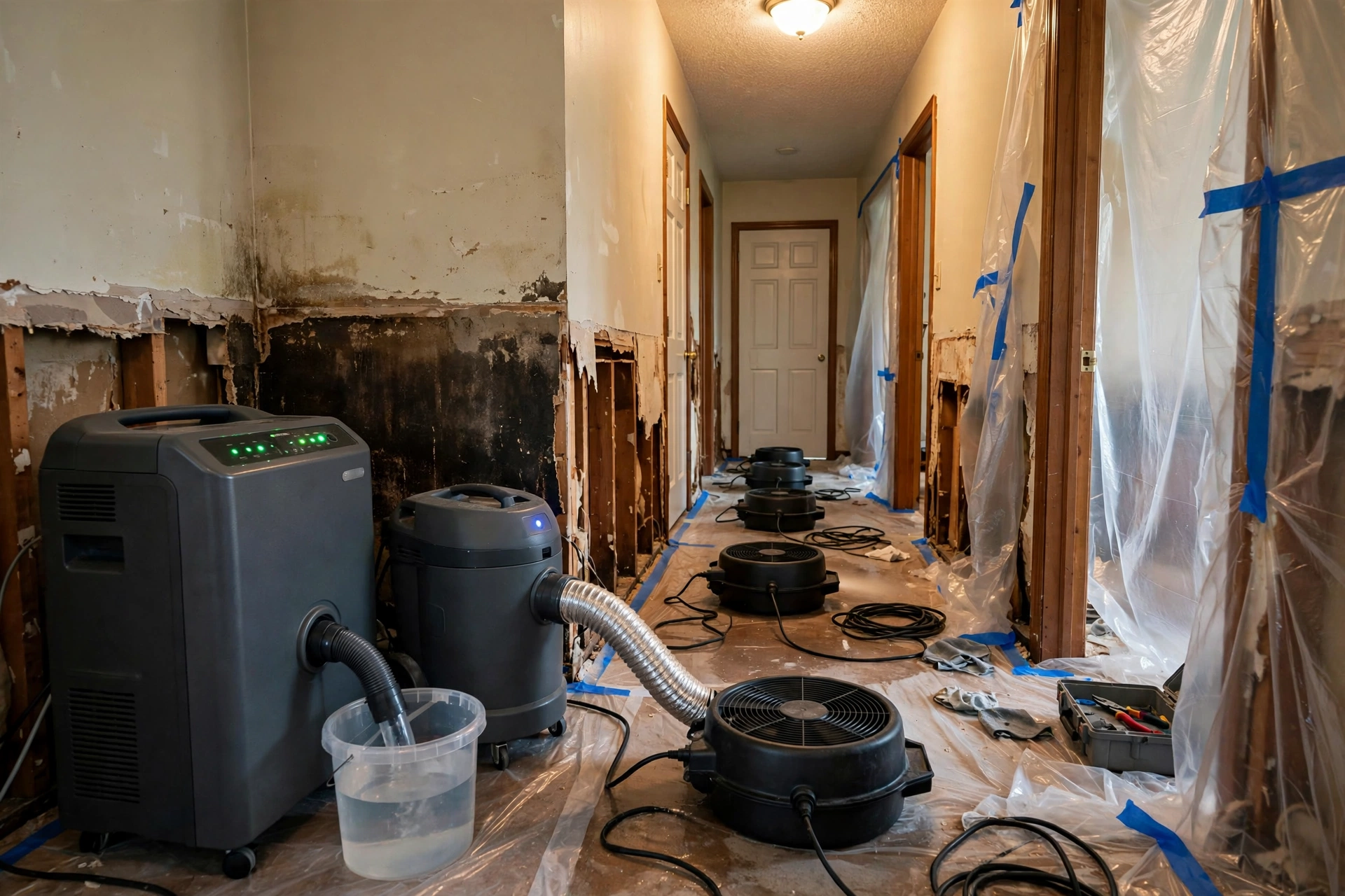 Professional dehumidifier and air scrubber drying a water-damaged hallway