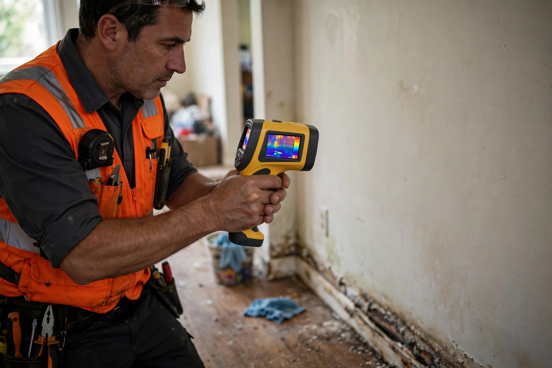Technician using a thermal imaging camera to detect hidden moisture behind a wall during a water damage inspection