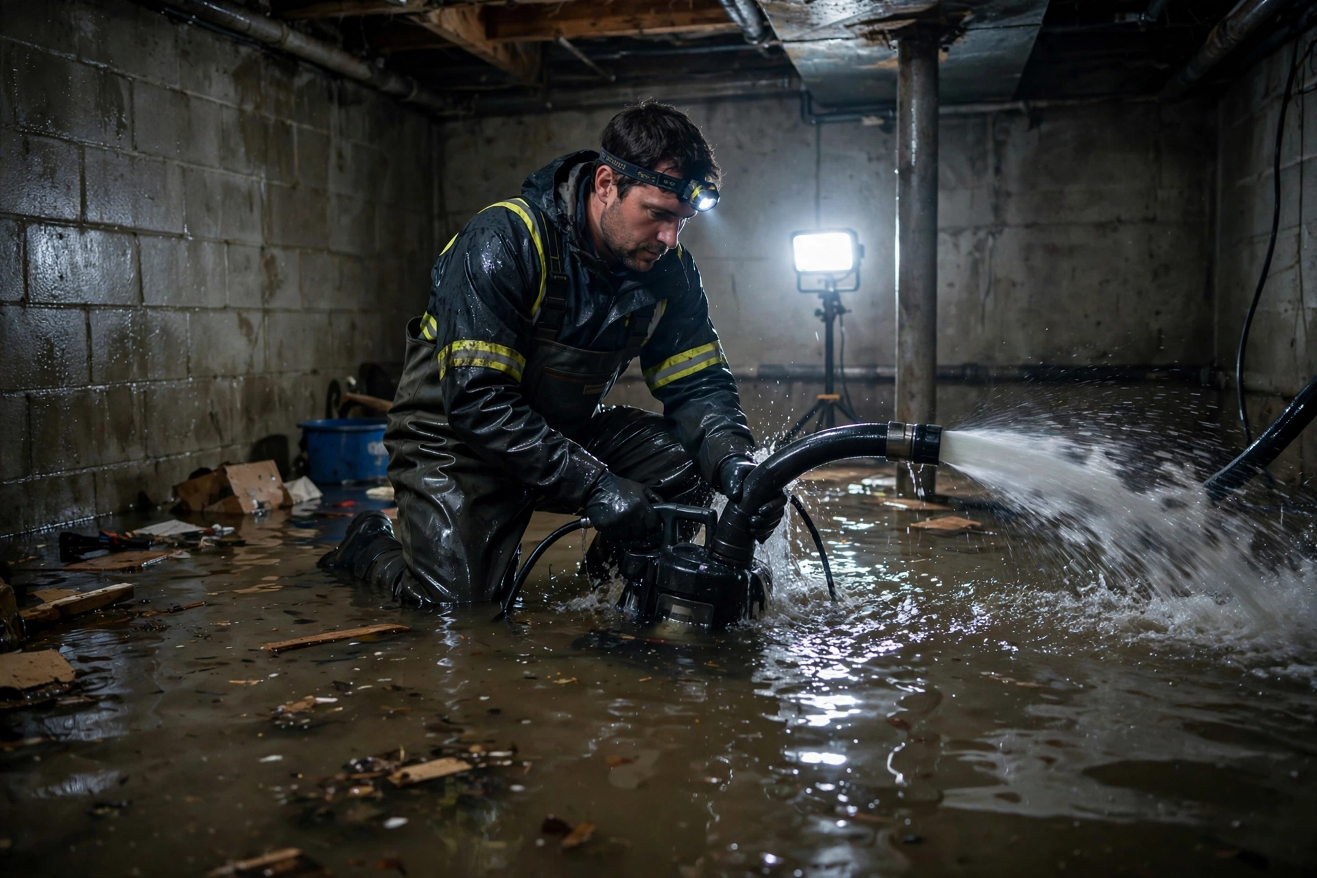 Restoration professional pumping standing water out of a flooded basement