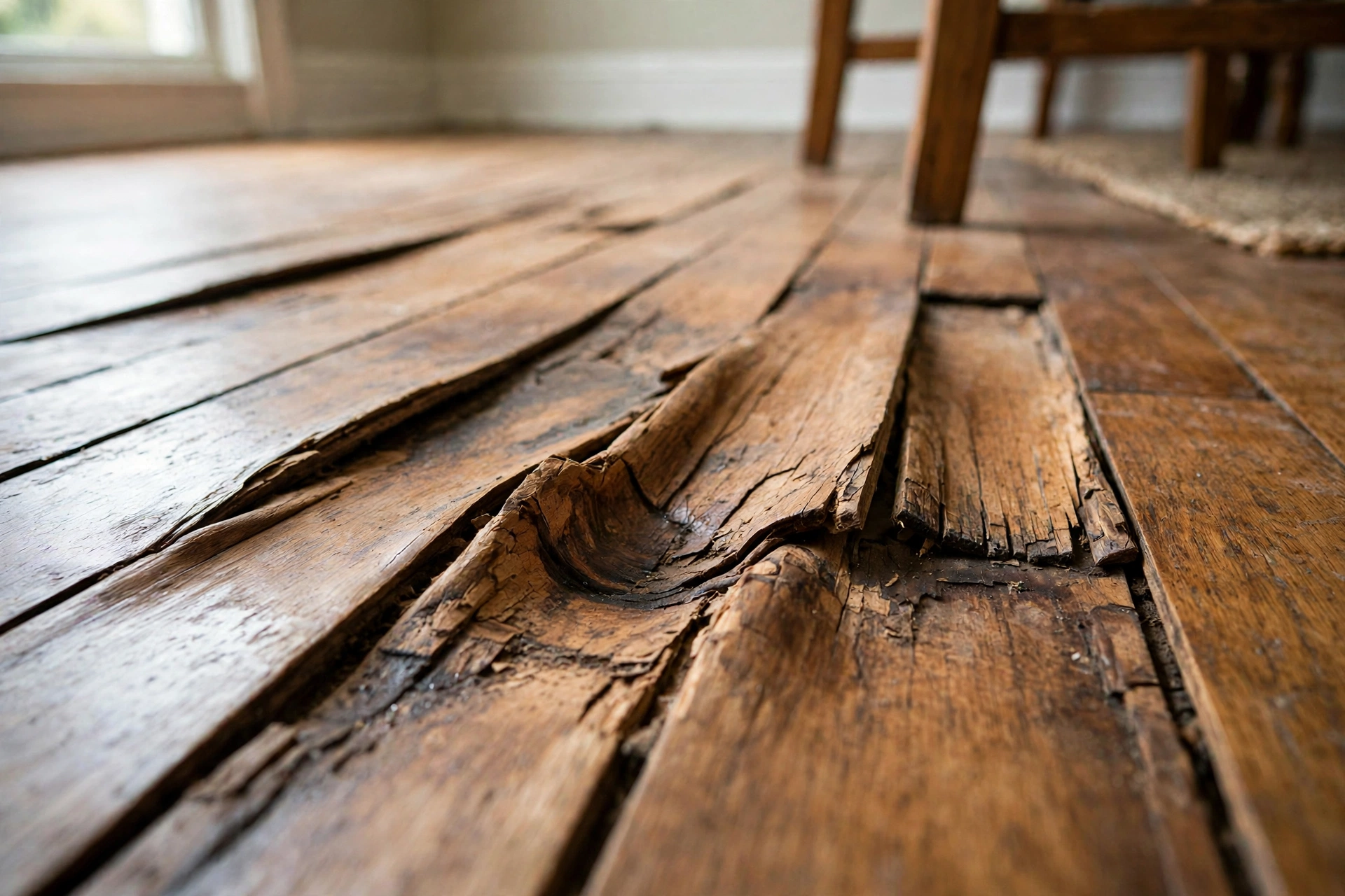 Buckled and warped hardwood flooring damaged by standing water in a dining room